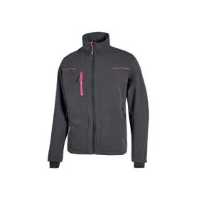 Upower Pluton Lady Chaqueta de Tela Resistente - Talla L - Suave, Repelente al Agua, Transpirable, Secado Rapido, Multiples Bolsillos, Capuchon Retractil, Puños a Prueba de Viento, Proteccion DPI1 - Color Gris Fucsia