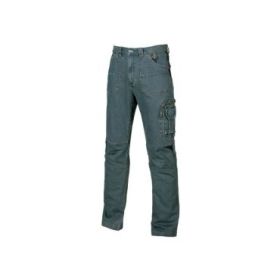 Upower Traffic Pantalon Jeans Stretch - Talla 46 - Ajuste Perfecto, Bolsillos Amplios y Multibolsillos, Porta Martillo, Insertos Elasticos en Rodillas, Cintura con Velcro, Triple Costura - Color Azul Vaquero