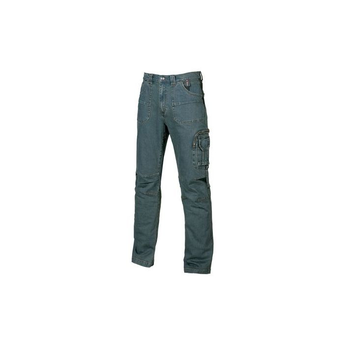 Upower Traffic Pantalon Jeans Stretch - Talla 52 - Ajuste Perfecto, Bolsillos Delanteros Amplios, Bolsillo Lateral para Herramientas, Multibolsillos con Porta Telefono, Cintura Ajustable con Velcro - Color Azul Vaquero