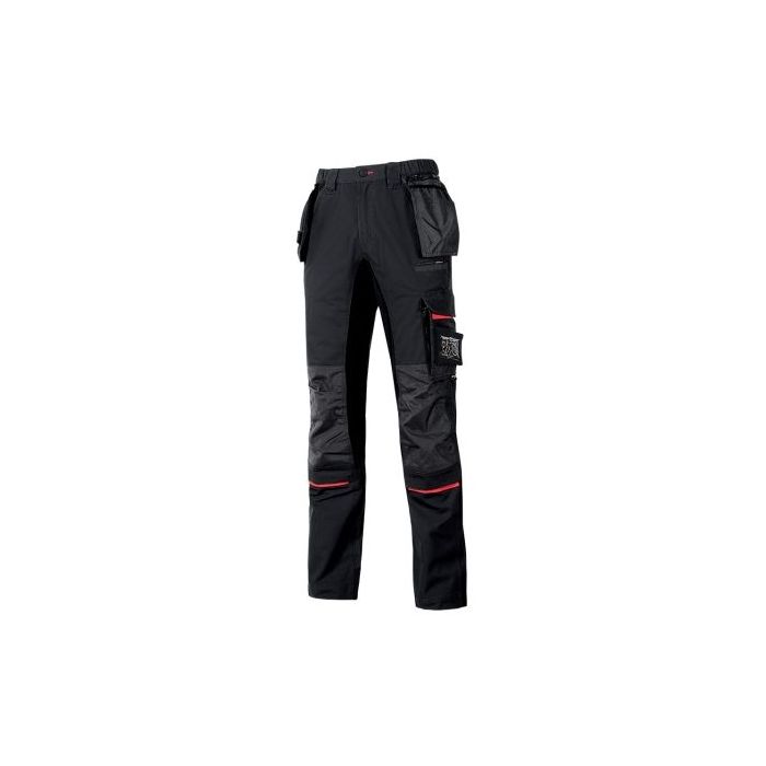 Upower Race Pantalon de Alta Calidad - Talla 56 - Multiples Bolsillos Desmontables, Cintura Ajustable, Paneles Elasticos, Refuerzos en Cordura, Proteccion DPI1, Detalles Reflectantes - Color Negro Carbon