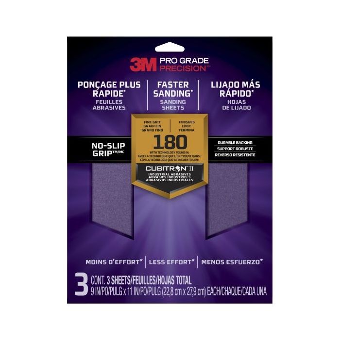 3M Pro Grade Precision Pack de 3 Hojas de Lijado - Grano 180 Fino - 22.8x27.9cm - Rendimiento Superior - Reduccion de Fatiga - Color Lavanda