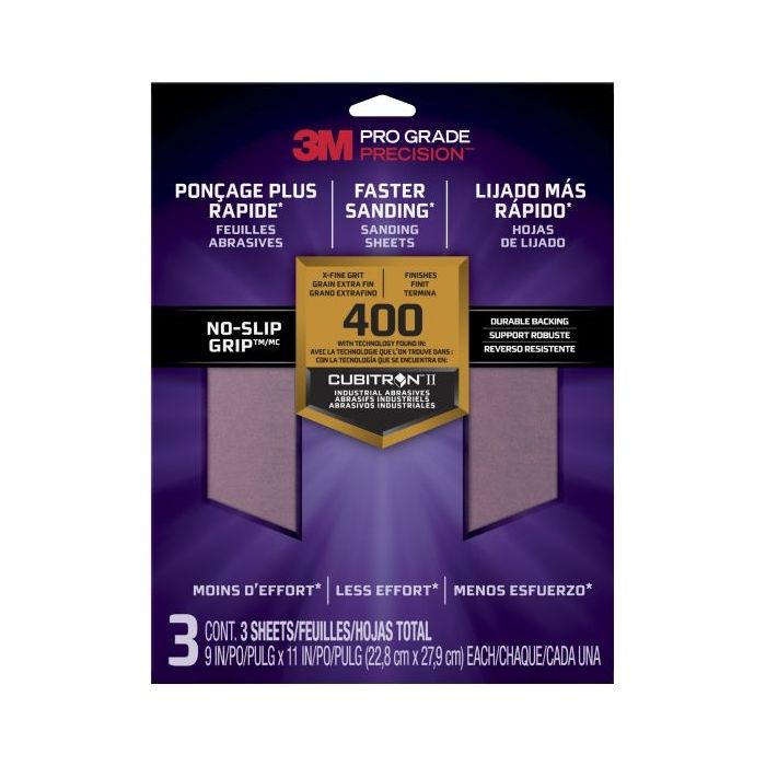 3M Pro Grade Precision Pack de 3 Hojas de Lijado - Grano 400 Extrafino - 22.8x27.9cm - Rendimiento Superior - Reduccion de Fatiga - Color Morado
