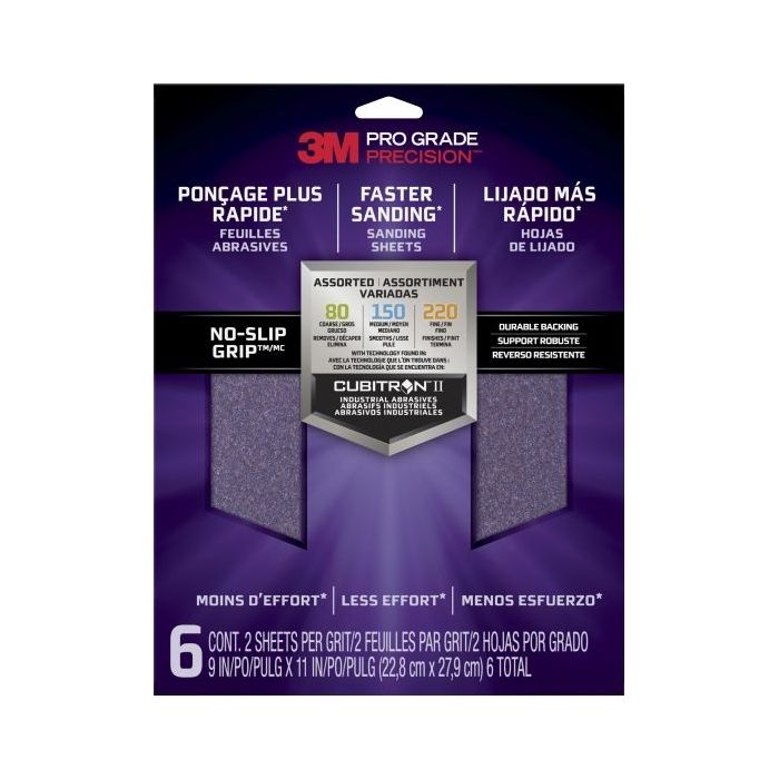 3M Pro Grade Precision Faster Pack de 6 Hojas de Lijado - Lijas de Granos Surtidas - 22.8x27.9cm - Rendimiento Superior - Reduccion de Fatiga - Color Morado