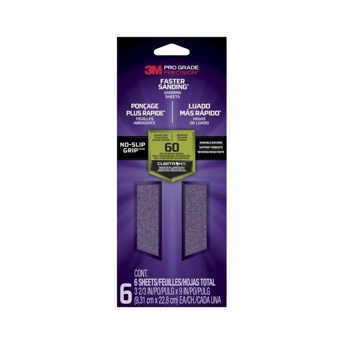 3M Pro Grade Precision Faster Hojas de Lijado - Grano 60 Grueso - 9.31x22.8cm - Rendimiento Superior - Reduccion de Fatiga - Color Lavanda
