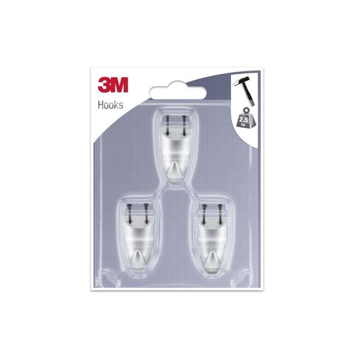 3M Pack de 3 Ganchos para Clavar - Formato S - Soporta hasta 2.5kg - Color Gris Metalizado