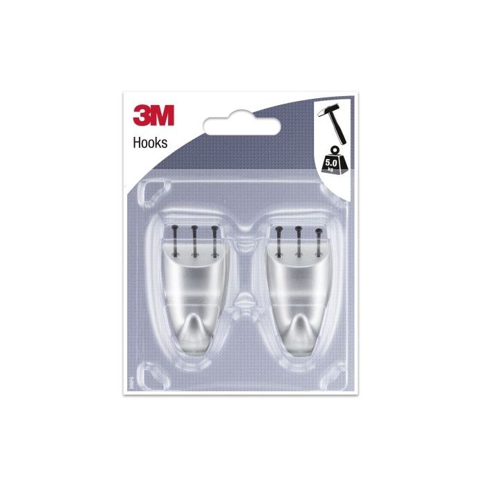 3M Pack de 2 Ganchos para Clavar - Formato M - Soporta hasta 5kg - Color Gris Metalizado