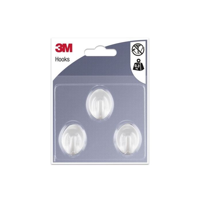 3M Pack de 3 Ganchos Adhesivos Ovalados - Formato S - Soporta hasta 0.3kg - Color Blanco
