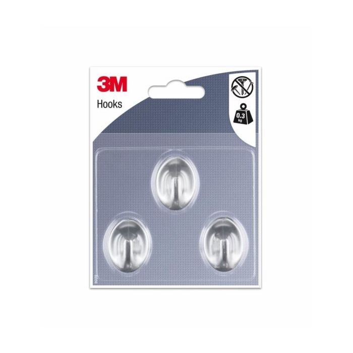 3M Pack de 3 Ganchos Adhesivos Ovalados - Formato S - Soporta hasta 0.3kg - Color Gris Metalizado