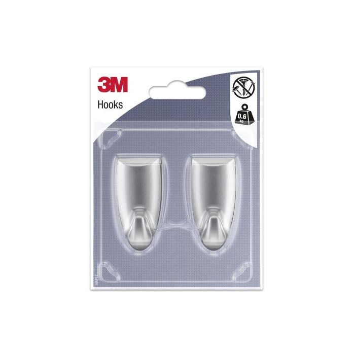 3M Pack de 2 Ganchos Adhesivos Modernos - Formato M - Soporta hasta 0.6kg - Color Gris Metalizado