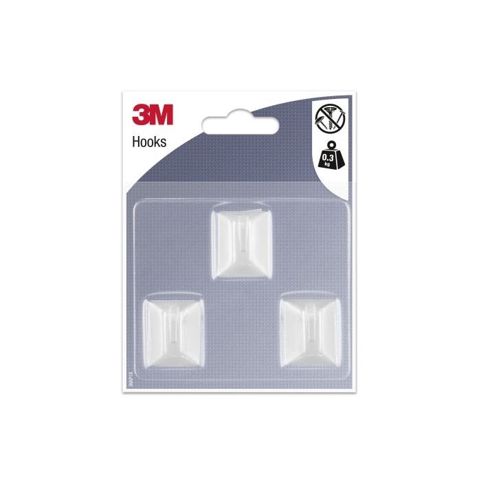 3M Pack de 3 Ganchos Adhesivos Rectangulares - Formato S - Soporta hasta 0.3kg - Color Blanco
