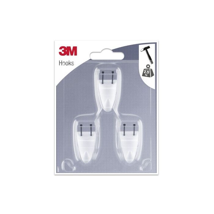 3M Pack de 3 Ganchos para Clavar - Formato S - Soporta hasta 2.5kg - Color Blanco
