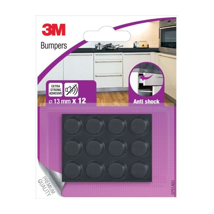 3M Pack de 12 Almohadillas Adhesivas Antichoque - 13mm de Diametro - Color Negro