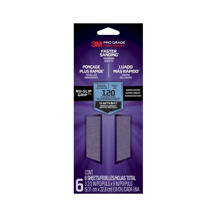 3M Pro Grade Precision Faster Pack de 6 Hojas de Lijado - Grano 120 Mediano - 9.31x22.8cm - Rendimiento Superior - Reduccion de Fatiga - Color Morado