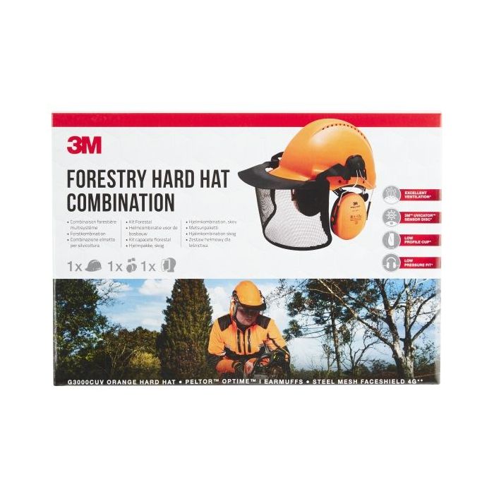 3M Pack Forestal de Seguridad para Cabeza - Casco Protector - Orejeras Auditivas - Pantalla Facial de Malla de Acero - Color Naranja