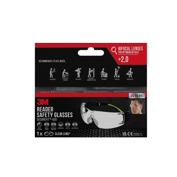 3M Securefit Gafas de Seguridad Graduadas - Bifocales - +2.0 Dioptrias - Antivaho - Antirrayaduras - Lente Incolora - Proteccion UV - Color Transparente