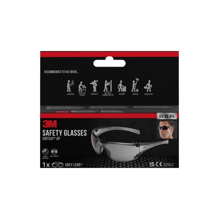 3M Virtua AP Gafas de Seguridad - Lentes Oscurecidas - Antirrayaduras - Antivaho - Proteccion UV - Color Gris