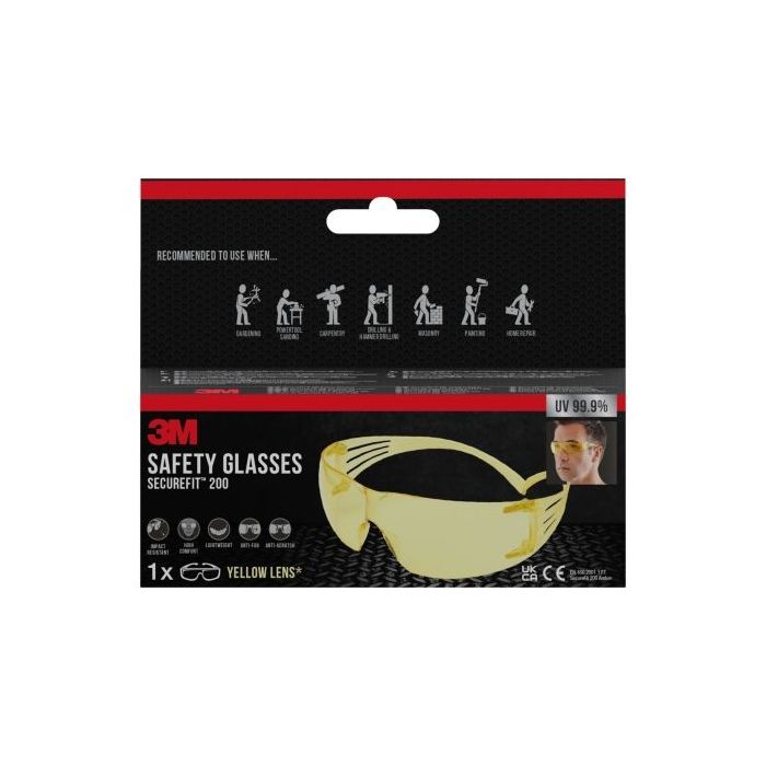 3M Securefit Gafas de Seguridad - Lentes Amarillas - Mejor Contraste en Poca Luz - Antivaho - Antirrayaduras - Proteccion UV - Color Amarillo Claro