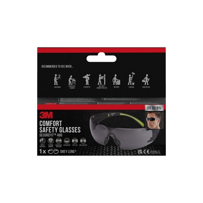 3M Securefit Gafas de Seguridad - Lentes Oscurecidas - Antivaho - Antirrayaduras - Proteccion UV - Color Negro/Verde