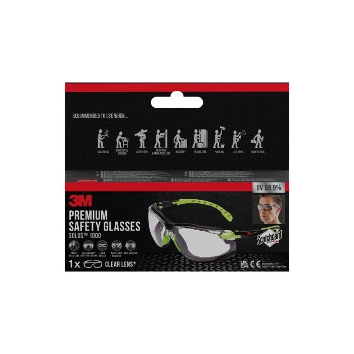 3M Solus Gafas de Seguridad - Junta de Espuma Acoplable - Lente Incolora - Revestimiento Antivaho - Antirrayaduras - Proteccion UV - Color Verde/Negro