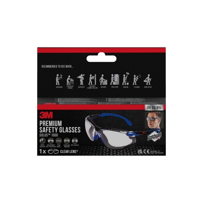 3M Solus Gafas de Seguridad - Junta de Espuma Acoplable - Revestimiento Antivaho - Lente Transparente - Antirrayaduras - Proteccion UV - Color Negro/Azul