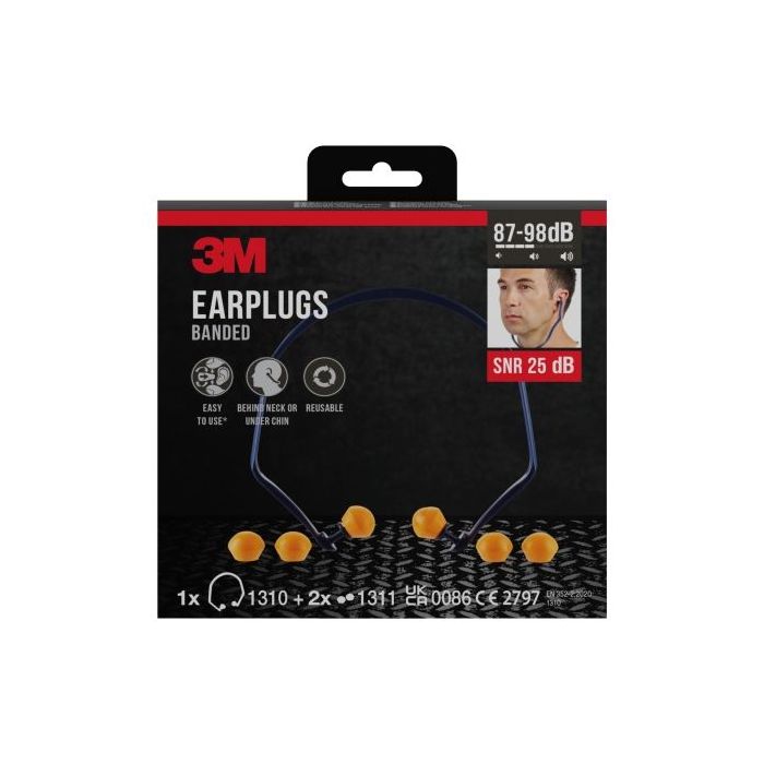 3M Tapones para Oidos con Banda - SNR hasta 25dB - 1 Par de Tapones Premontado - 2 Pares de Tapones de Repuesto - Color Naranja