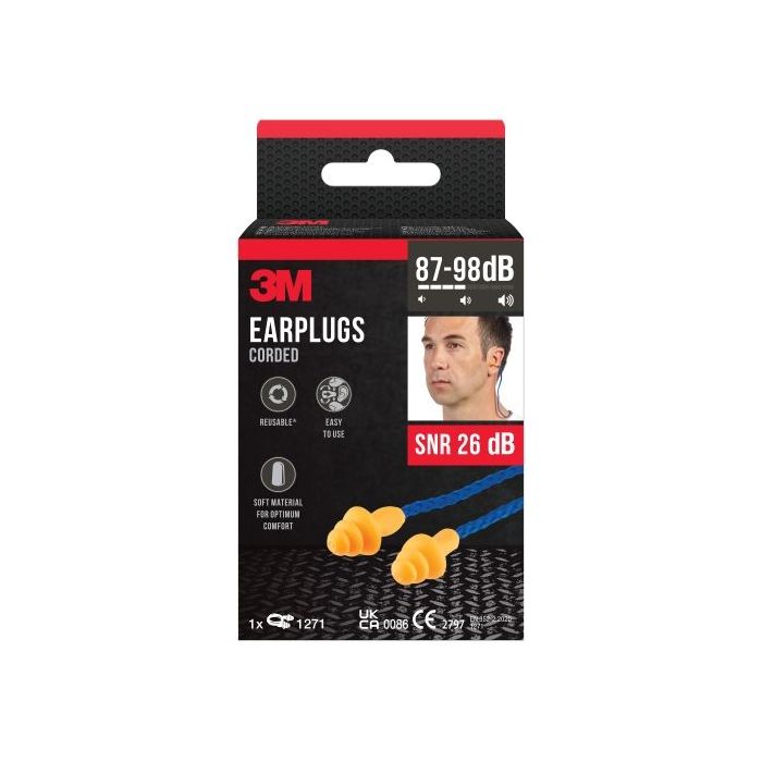 3M Tapones para Oidos con Cordon - Forma de Tres Anillos - Reutilizables - Lavables - SNR 26dB - Color Naranja