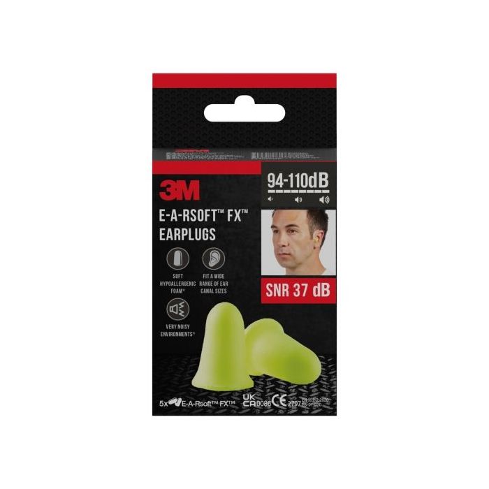 3M E-A-Rsoft Fx Pack de 10 Tapones para Oidos - Espuma de Poliuretano Suave - SNR 37dB - 5 Pares - Color Amarillo