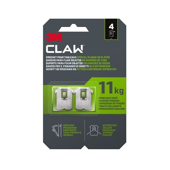 3M Claw Pack de 4 Ganchos de Metal para Paredes de Yeso - Soporta hasta 11kg - Color Gris/Titanio