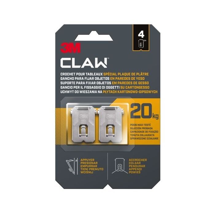 3M Claw Pack de 4 Ganchos de Metal para Paredes de Yeso - Soporta hasta 20kg - Color Gris/Titanio