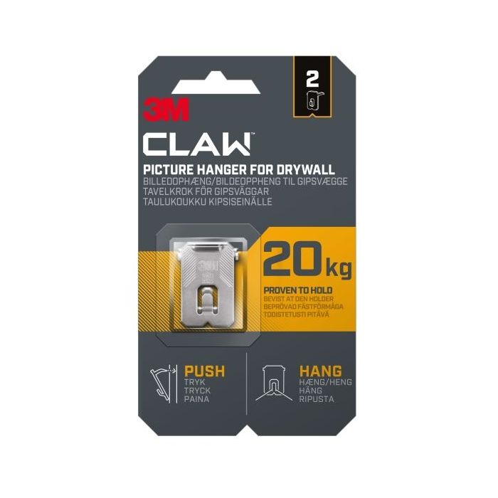 3M Claw Pack de 2 Ganchos de Metal para Paredes de Yeso - Soporta hasta 20 kg - Color Gris/Titanio