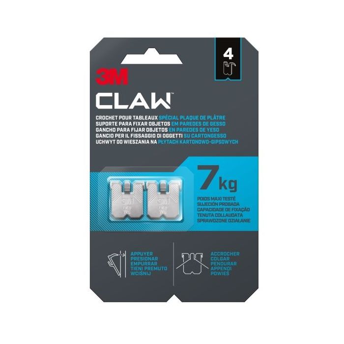 3M Claw Pack de 4 Ganchos de Metal para Paredes de Yeso - Soporta hasta 7kg - Color Gris/Titanio