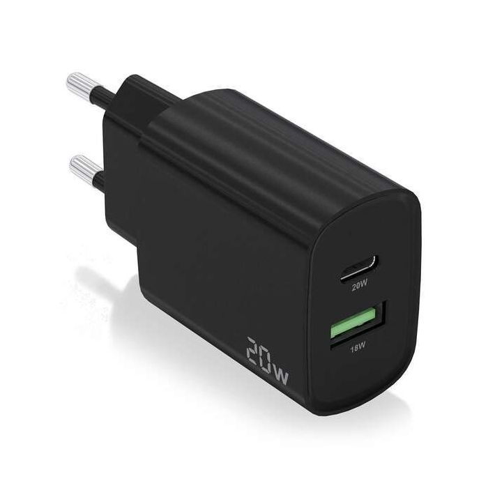 Aisens Cargador 20W - 1xUSB-C PD3.0 - 1xUSB-A QC3.0 - Color Negro