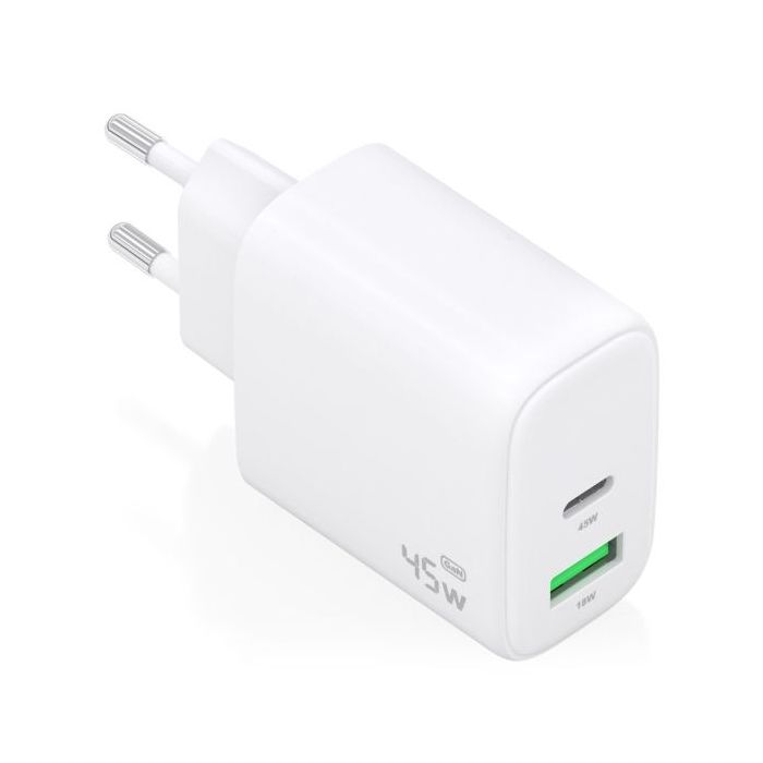 Aisens Cargador GAN 45W - 1xUSB-C PD3.0 QC4.0 y 1xUSB-A QC3.0 - Color Blanco