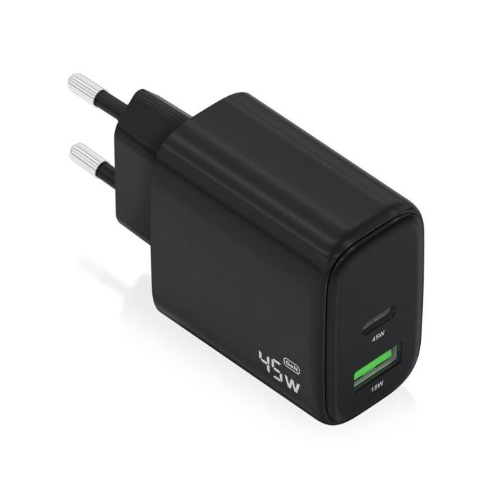 Aisens Cargador GAN 45W - 1xUSB-C PD3.0 QC4.0 y 1xUSB-A QC3.0 - Color Negro