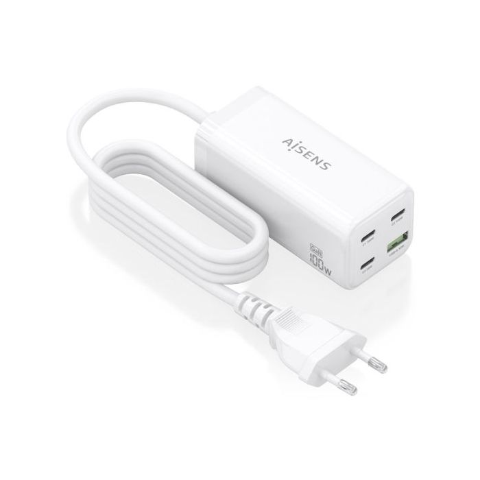 Aisens Cargador GAN 100W - 3xUSB-C PD3.0, QC4.0, QC5.0 - 1xUSB-A QC3.0 - Cable 1.4 Metros - Color Blanco