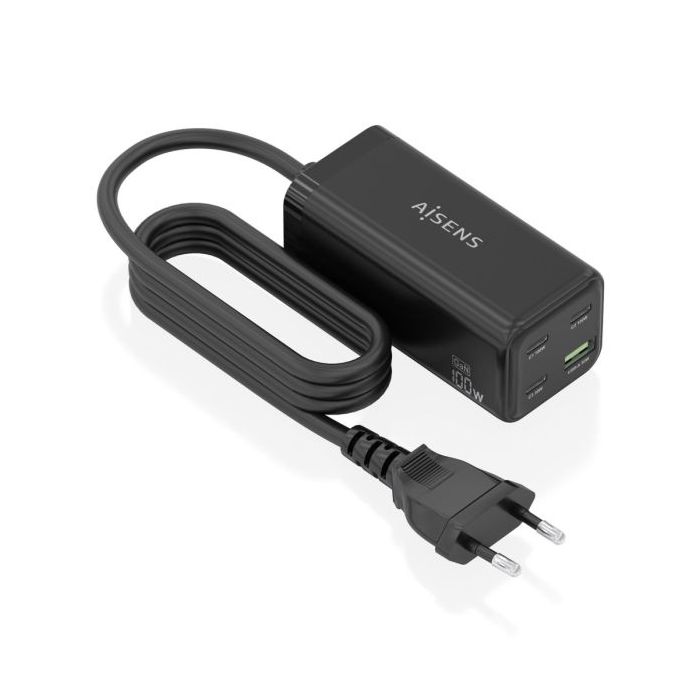 Aisens Cargador GAN 100W - 3xUSB-C PD3.0, QC4.0, QC5.0 - 1xUSB-A QC3.0 - Cable 1.4 Metros - Color Negro