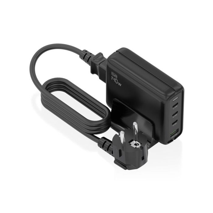 Aisens Cargador GAN 140W - 3xUSB-C PD3.0, QC4.0, QC5.0 - 1xUSB-A QC3.0 - Cable 1.4 Metros - Color Negro