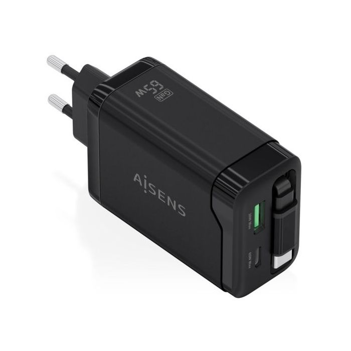 Aisens Cargador GAN 65W - 1xUSB-C PD3.0 y 1xUSB-A QC3.0 + Cable USB-C Retractil - Color Negro
