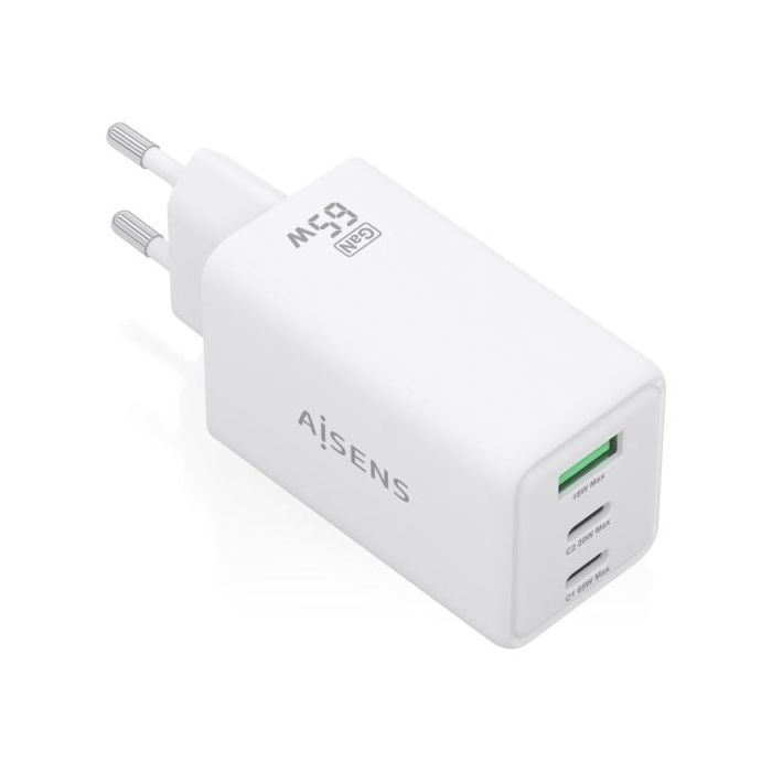 Aisens Cargador GAN 65W - 2xUSB-C PD3.0 QC4.0 y 1xUSB-A QC3.0 - Color Blanco