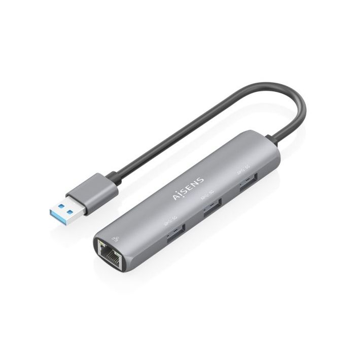 Aisens ASUC-4P034-GR Adaptador de Red USB 3.0 a Ethernet Gigabit + Hub 3xUSB-A 3.0 - 15cm - Color Gris