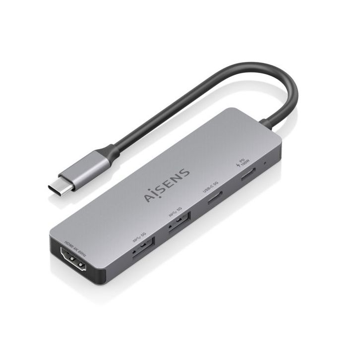 Aisens USB-C Dock 5 en 1 - USB-C a 1xHDMI - 2xUSB-A - 1xUSB-C - 1xUSB-C PD 100W - 15cm - Color Gris
