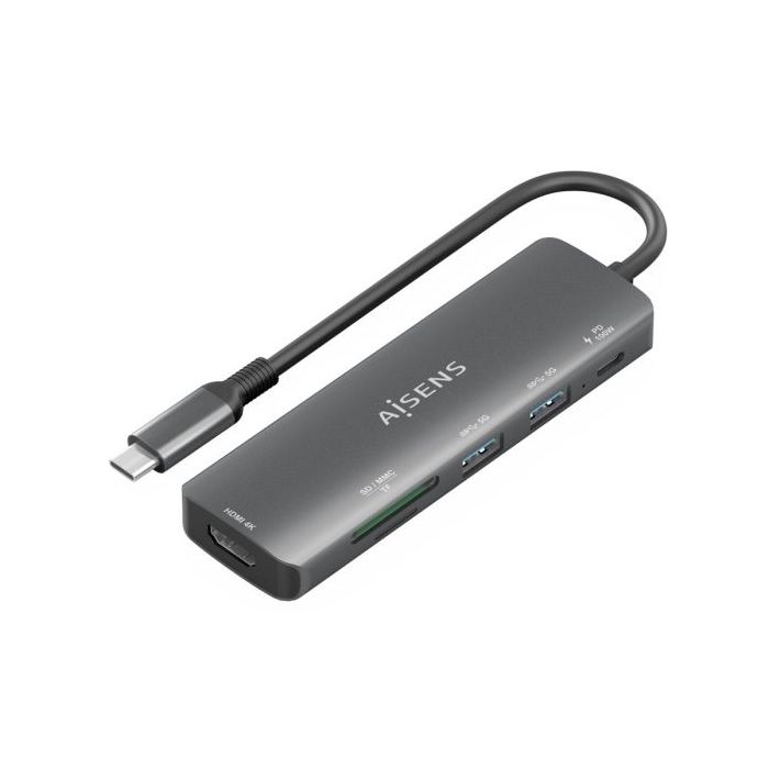 Aisens USB-C Dock 6 en 1 - USB-C a 1xHDMI - 2xUSB-A - 1xUSB-C PD 100W - 1xSD - 1xMicroSD - 15cm - Color Gris