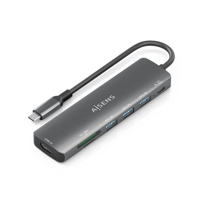 Aisens USB-C Dock 7 en 1 - USB-C a 1xHDMI - 3xUSB-A - 1xUSB-C 100W - 1xSD - 1xMicroSD - 15cm - Color Gris