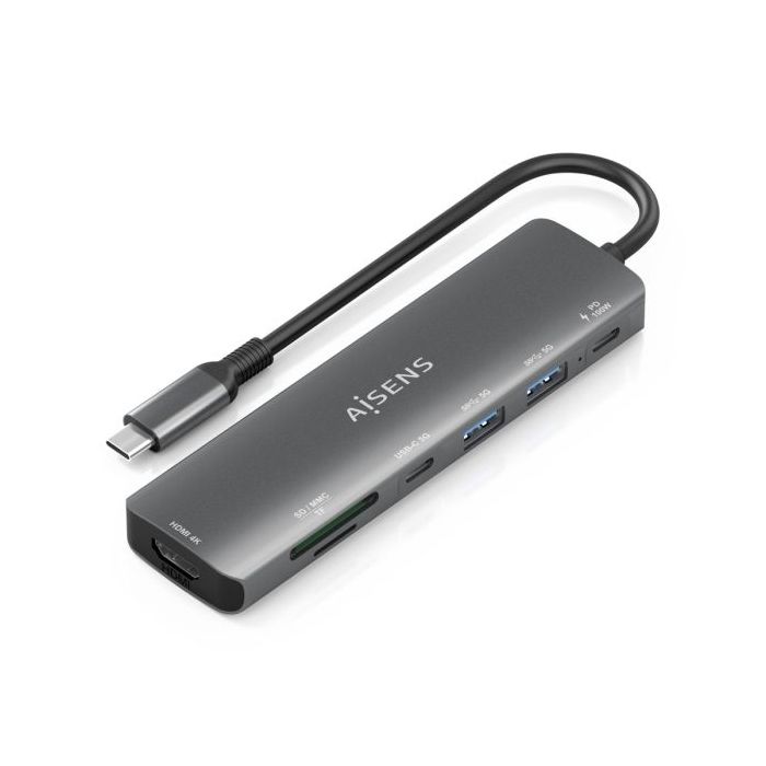 Aisens USB-C Dock 7 en 1 - USB-C a 1xHDMI - 2xUSB-A - 1xUSB-C - 1xUSB-C 100W - 1xSD - 1xMicroSD - 15cm - Color Gris