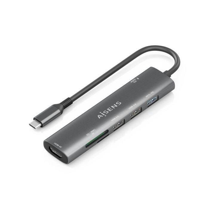 Aisens USB-C Dock 7 en 1 - USB-C a 1xHDMI - 2xUSB-A 2.0 - 1xUSB-A 3.0 - 1xUSB-C 100W - 1xSD - 1xMicroSD - 15cm - Color Gris