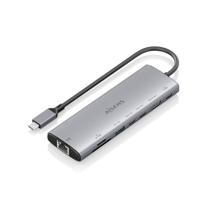 Aisens USB-C Dock 8 en 1 - USB-C a 1xHDMI - 1xRJ45 - 1xUSB-A 10G - 2xUSB-C 10G - 1xUSB-C PD 100W - 1xSD - 1xMicroSD - 20cm - Color Gris