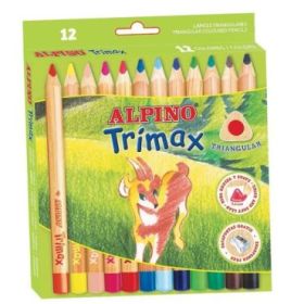 Alpino Trimax Pack de 12 Lapices de Colores Triangulares Gruesos + Sacapuntas - Mina de 5.4mm - Resistente al Agua - Bandeja Extraible - Colores Surtidos