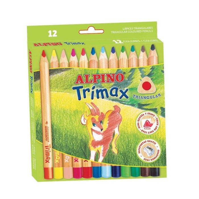 Alpino Trimax Pack de 12 Lapices de Colores Triangulares Gruesos + Sacapuntas - Mina de 5.4mm - Resistente al Agua - Bandeja Extraible - Colores Surtidos
