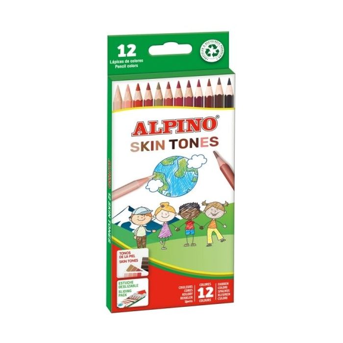 Alpino Skin Tones Pack de 12 Lapices de Colores Hexagonales - Mina de 3mm - Resistente a la Rotura - Bandeja Extraible - Colores que Recrean los Diferentes Tonos de Piel