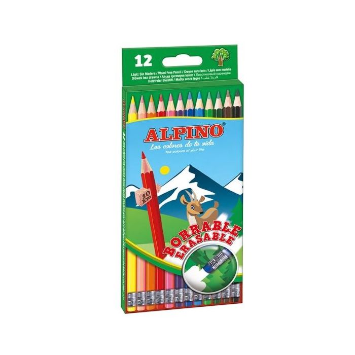 Alpino Pack con 12 Lapices de Colores Hexagonales Borrables - Mina de 3mm - Goma de Borrar del mismo Color - Resistente a la Rotura - Colores Surtidos